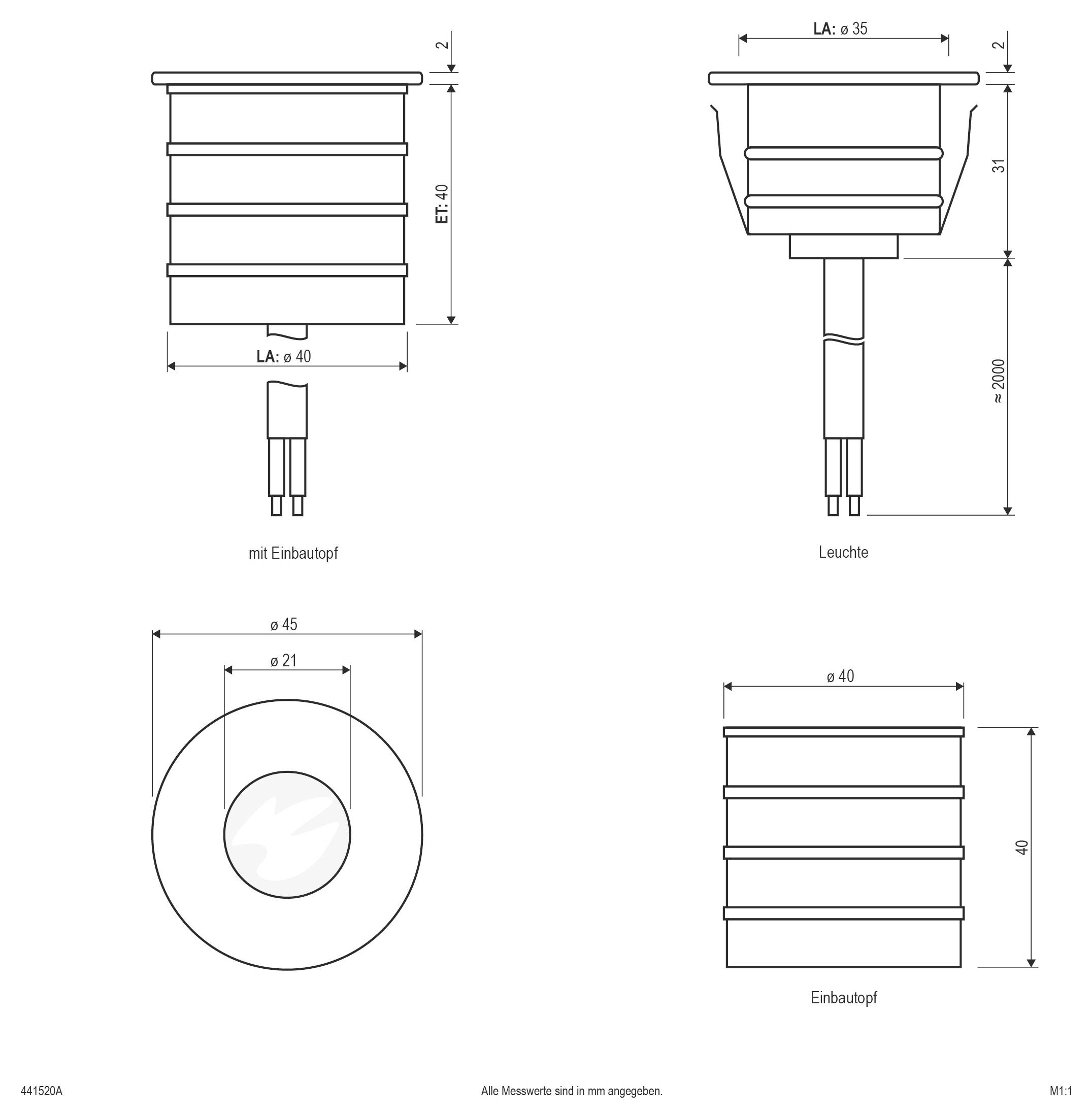 Technische Zeichnung einer Einbauleuchte und ihres Installationsbechers mit Vorder-, Seiten- und Draufsicht mit Maßstäben.