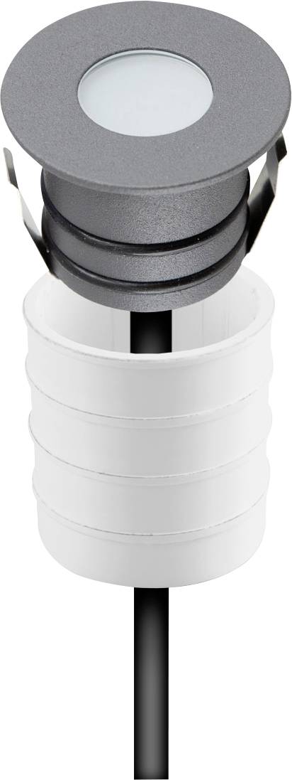 Runde, schwarze LED-Einbauleuchte mit sichtbarem Kabel und Metallhalterung, geeignet für Outdoor-Nutzung.