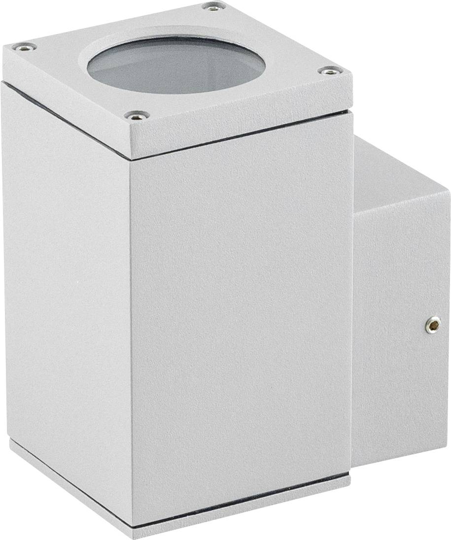 Eine weiße Wandleuchte mit kubischem Design. Oben befindet sich ein Glas, durch das das Licht austritt.