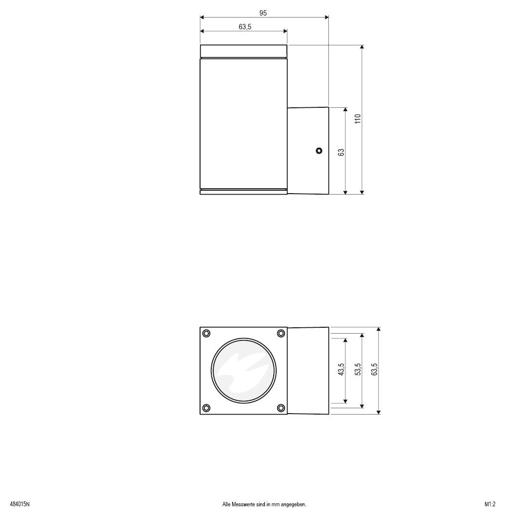 Technische Zeichnung eines rechteckigen Geräts aus Seiten- und Vorderansicht mit den Abmessungen 95, 110, 63,5, 63, 65,5 und 45,5 mm.