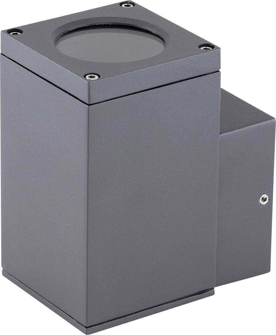 Eine graue, rechteckige LED-Wandleuchte mit Glasabdeckung und Metallgehäuse. Ideal zur modernen Außenbeleuchtung geeignet.