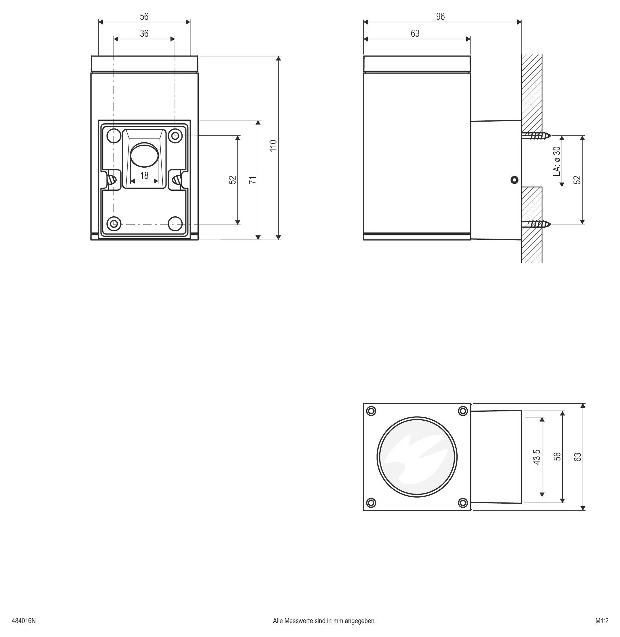 Technische Maßstabzeichnung eines rechteckigen Geräts mit Vorder-, Seiten- und Draufsicht mit Maßangaben in Millimetern.