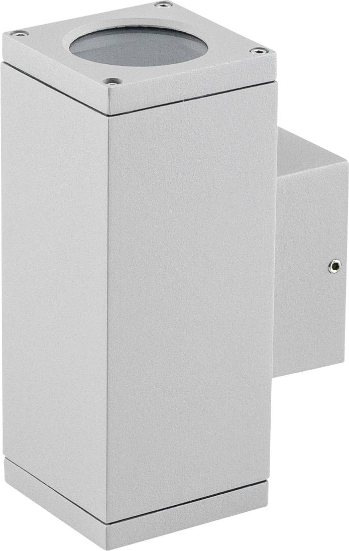 Silberne, rechteckige Außenleuchte mit nach oben und unten gerichteten Lichtaustritten. Wandmontageblock an der Seite.