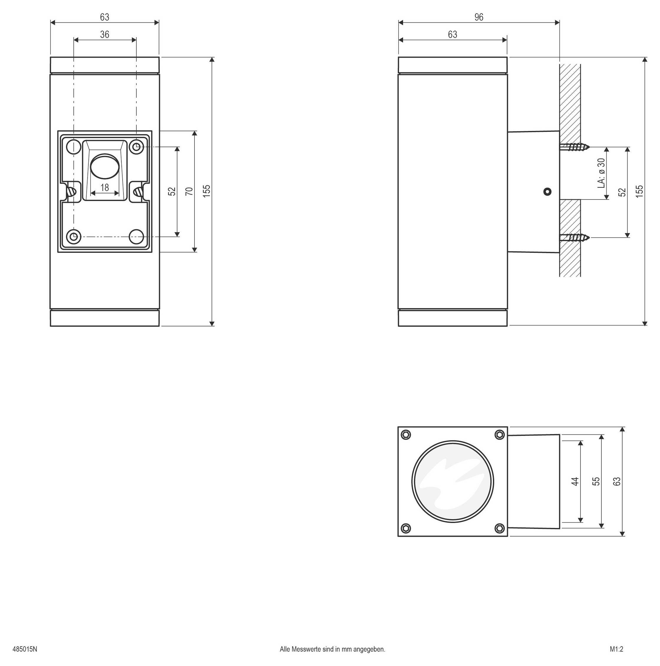 Technische Maßstabzeichnung eines rechteckigen wandmontierten Geräts, das in Front-, Seiten- und Draufsicht mit beschrifteten Abmessungen in Millimetern dargestellt ist.