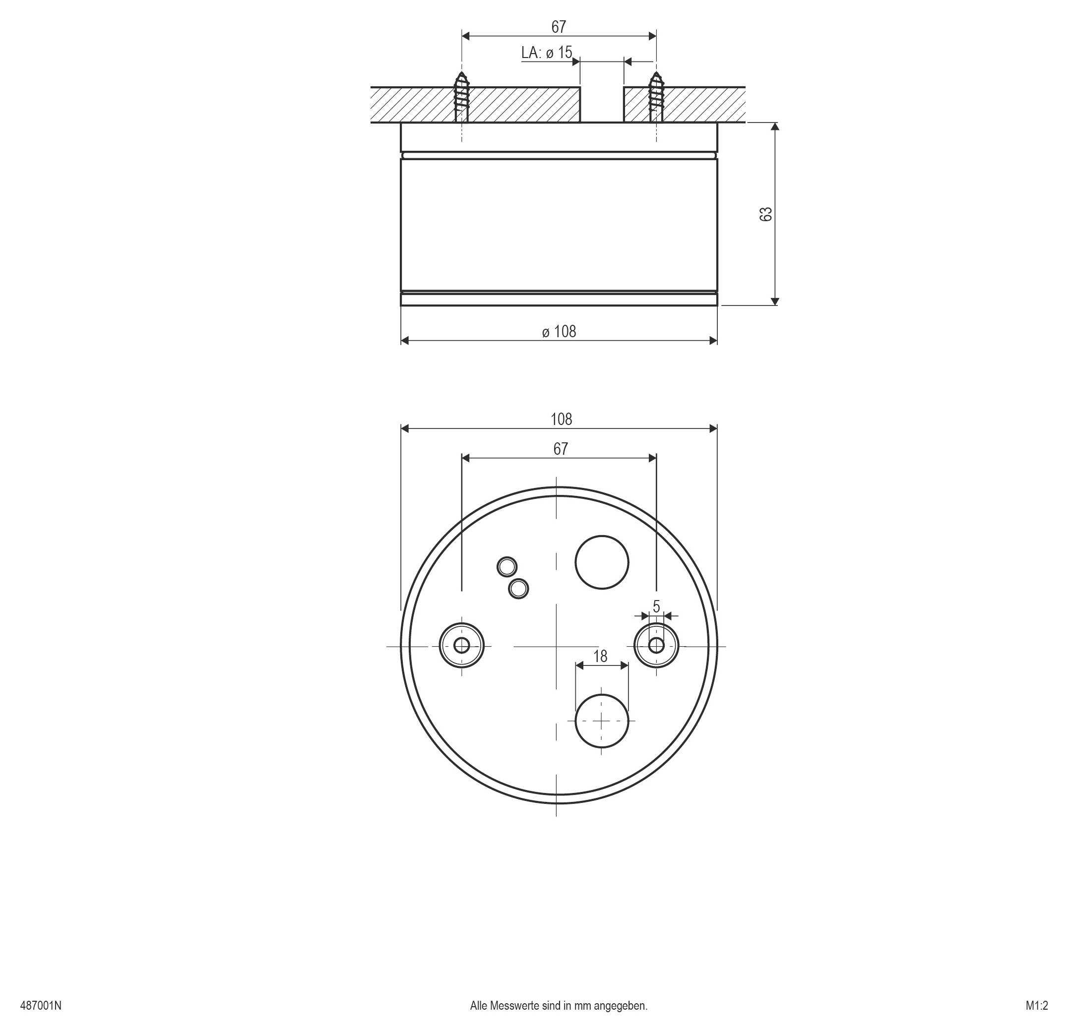 Technische Zeichnung einer runden Komponente mit Seiten- und Draufsicht und Abmessungen: 108 mm Durchmesser, 63 mm Höhe und 67 mm Befestigungsabstand.