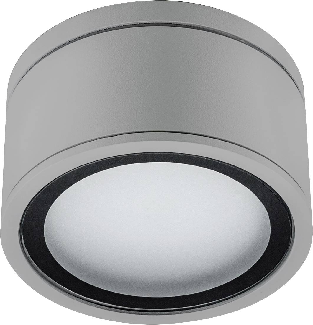 Runde, silberne Deckenleuchte; minimalistisch, modern. Sie hat eine glatte Oberfläche und strahlt weißes Licht aus. Geeignet für Innenbereiche.