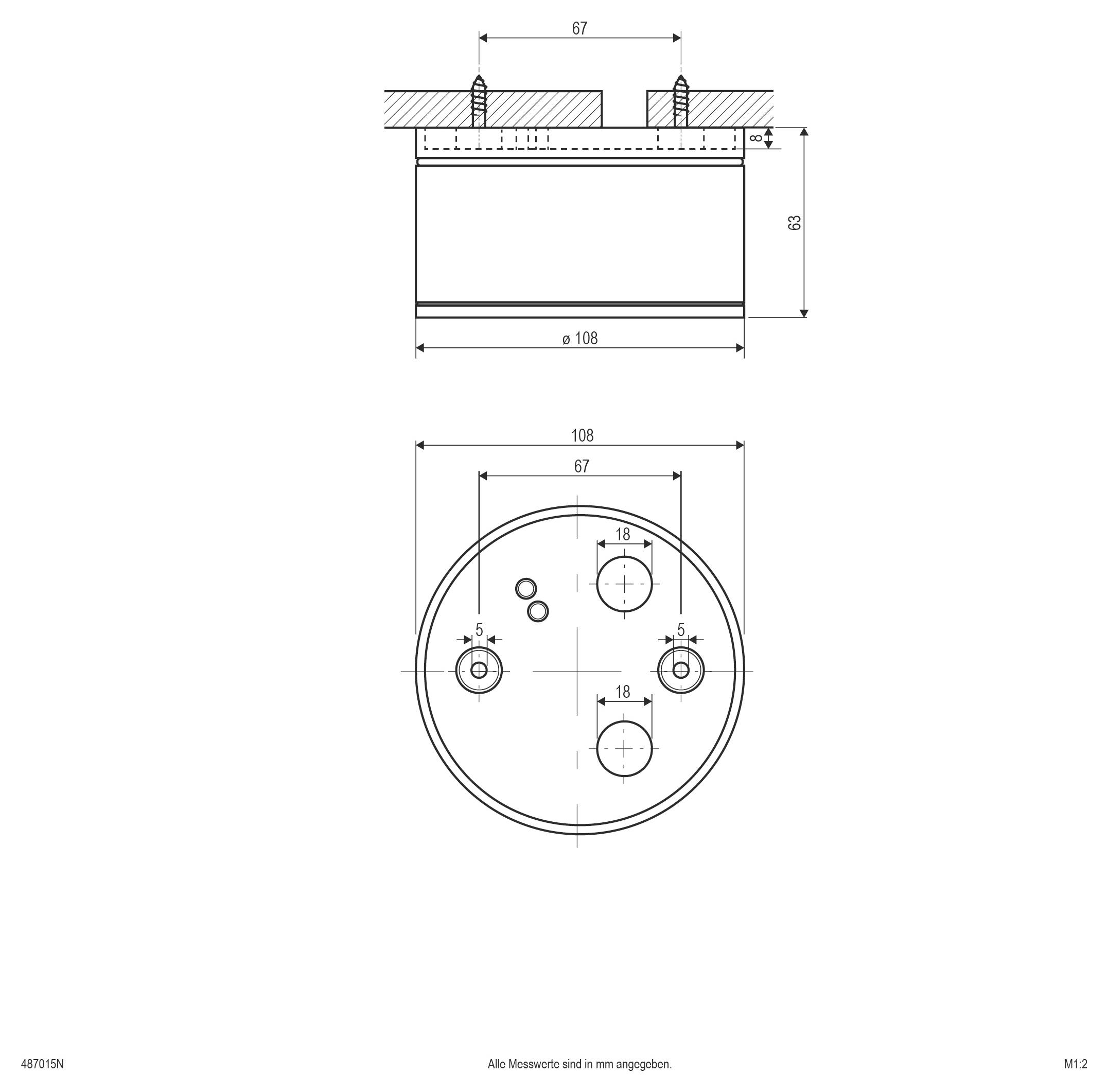 Technische Zeichnung eines kreisförmigen mechanischen Teils mit Seiten- und Draufsicht, die Abmessungen von 108 mm Durchmesser, 63 mm Höhe und mehrere Befestigungslöcher zeigt.
