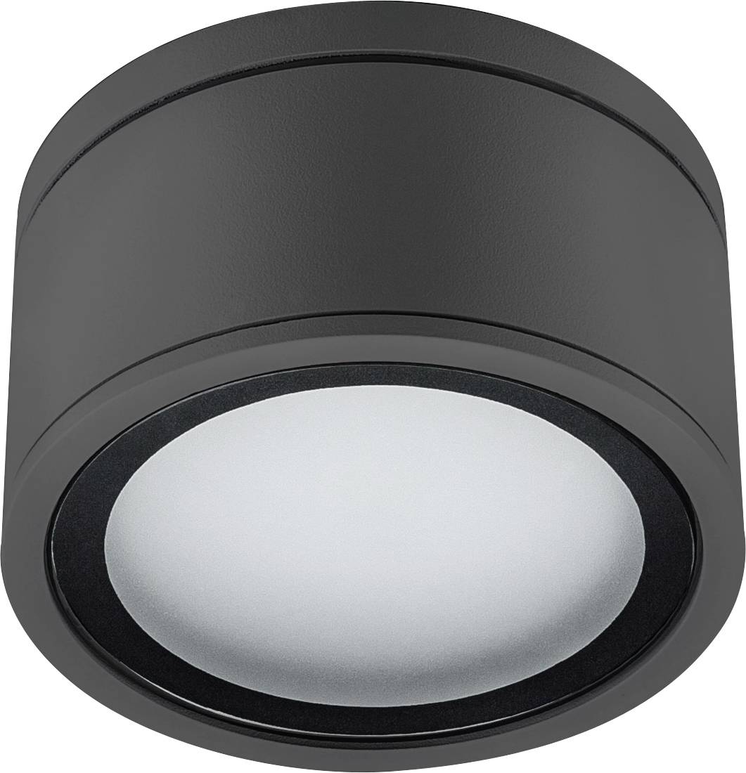 Schwarze, zylindrische Deckenleuchte mit weißem Lichtaustritt, zur Montage an der Decke, modern und schlicht im Design.