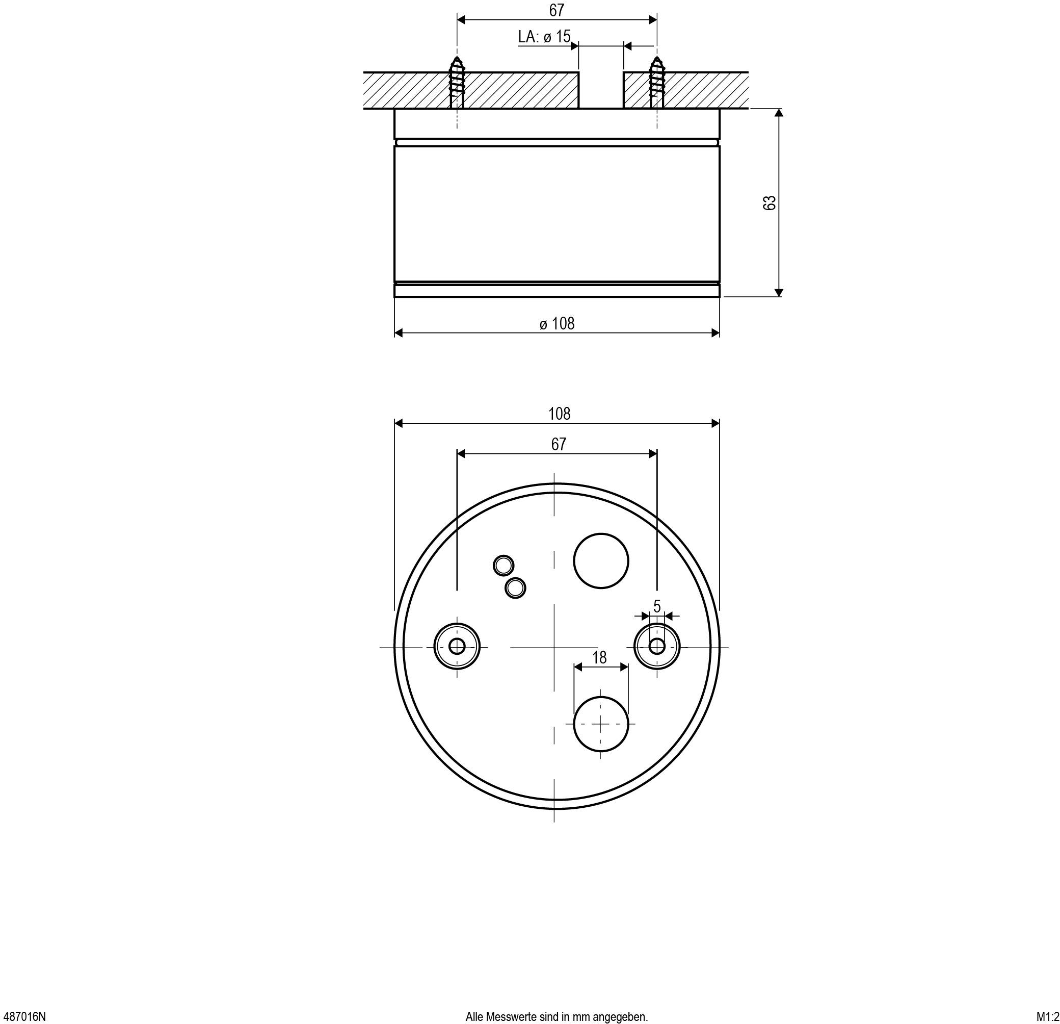 Technische Zeichnung eines zylinderförmigen Bauteils mit Maßen. Oberansicht und Seitenansicht. Durchmesser 108 mm, Höhe 67 mm.