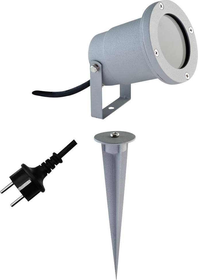Ein grauer LED-Gartenstrahler mit Erdspieß zur Befestigung. Daneben liegt ein Stromstecker. Ideal zur Beleuchtung von Außenbereichen.