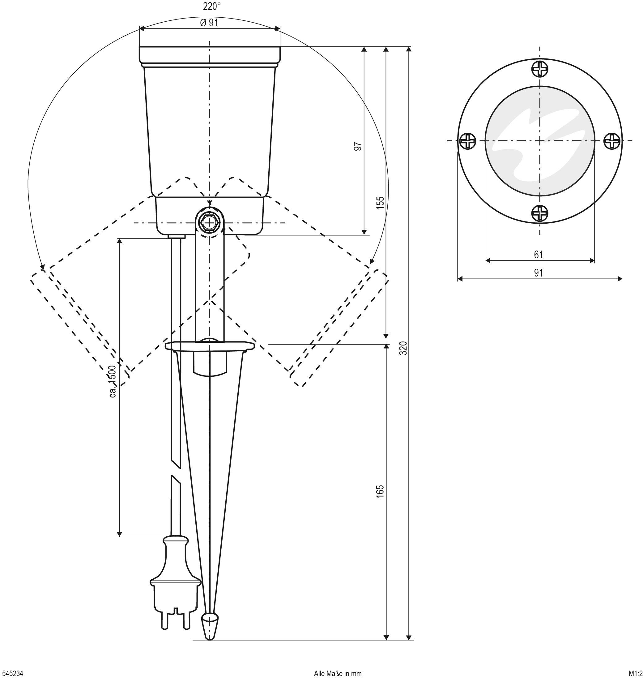 Technische Zeichnung einer Outdoor-Leuchte mit Erdspieß, abgebildet mit Maßen in Millimeter. Zeigt Vorder- und Draufsicht.