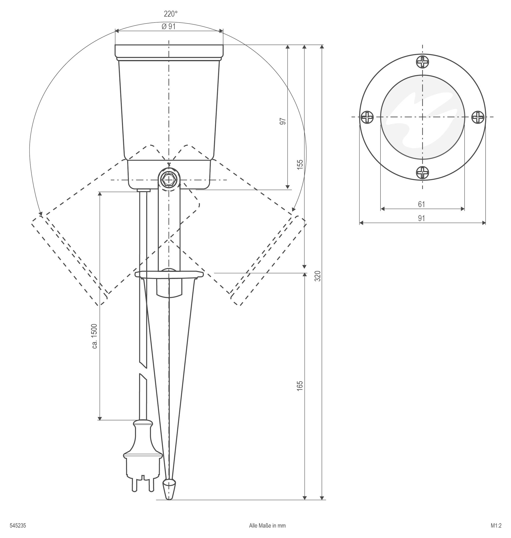 Technische Zeichnung eines wandmontierten Scheinwerfers mit verstellbarem Winkel, zeigt Vorder- und Draufsicht sowie wichtige Abmessungen in Millimetern.