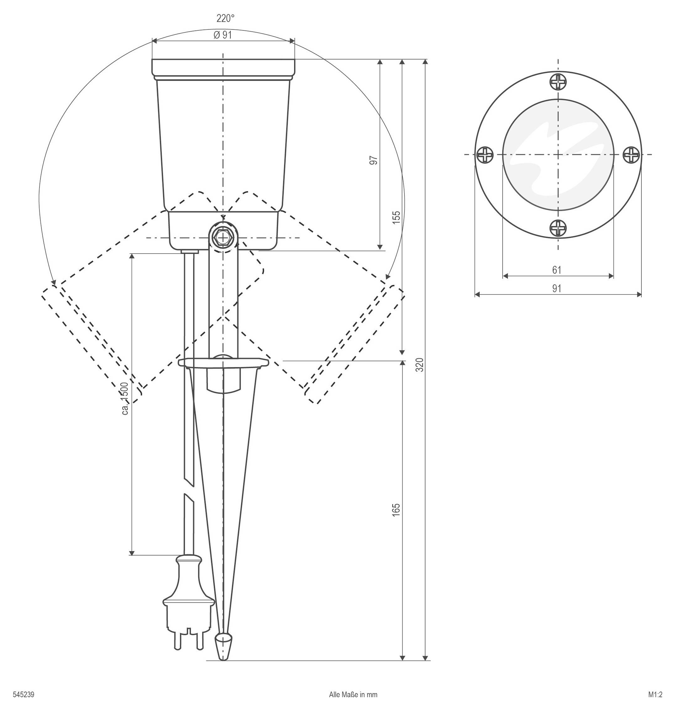 Technische Maßzeichnung eines drehbaren Scheinwerfers oder Leuchte, die Seiten- und Vorderansicht mit Befestigungsschraubenlochkreis, verstellbarem Bereich von 220° und Abmessungen in Millimetern.