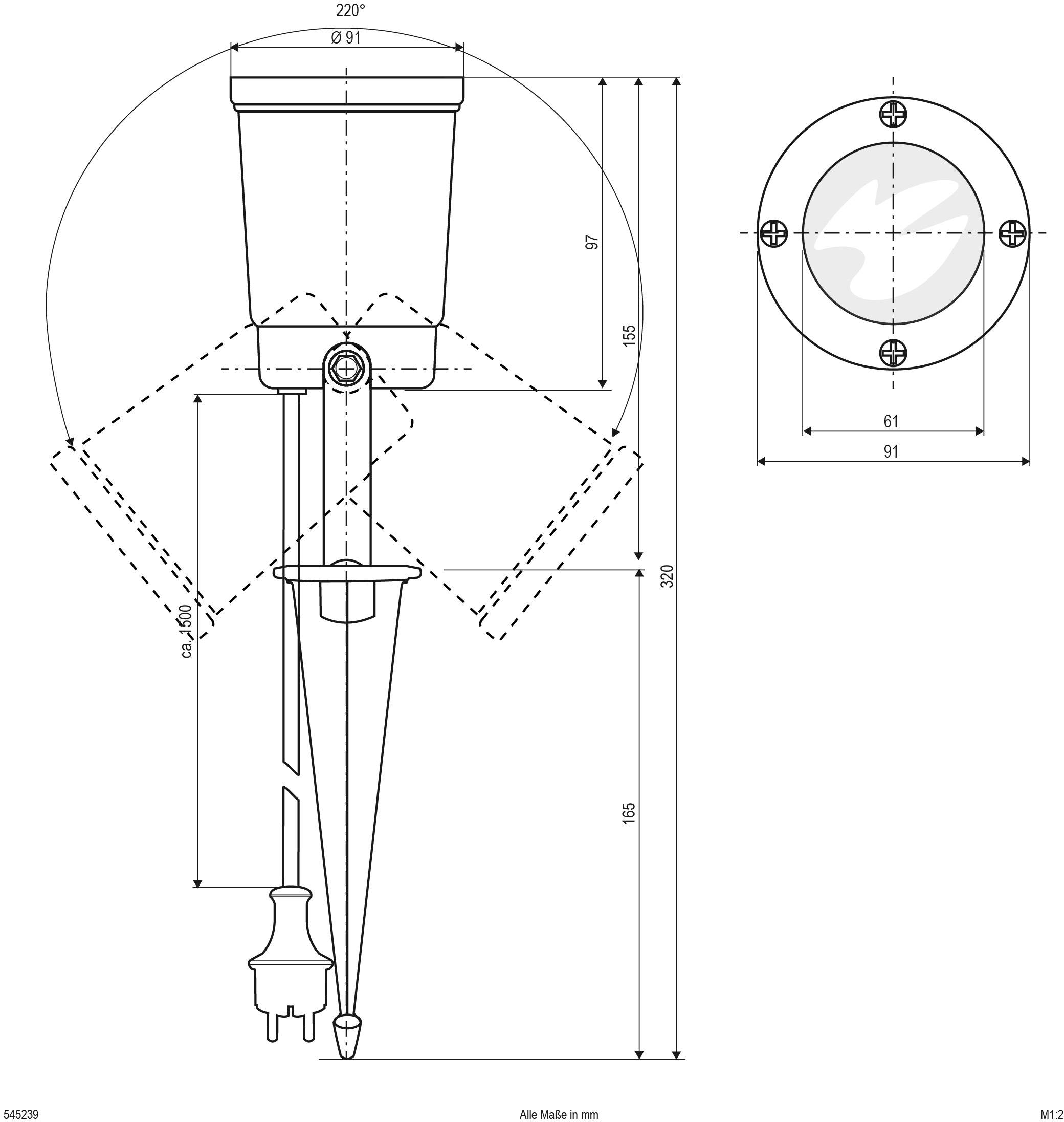 Technische Zeichnung einer Gartenleuchte mit Erdspieß. Maße sind in Millimetern angegeben, einschließlich Durchmesser und Höhe.
