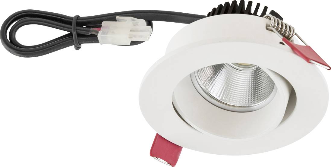 Weiße eingebaute LED-Downlight mit angebrachtem schwarzem Stromkabel und Stecker, dargestellt auf weißem Hintergrund mit roten Federklammern.