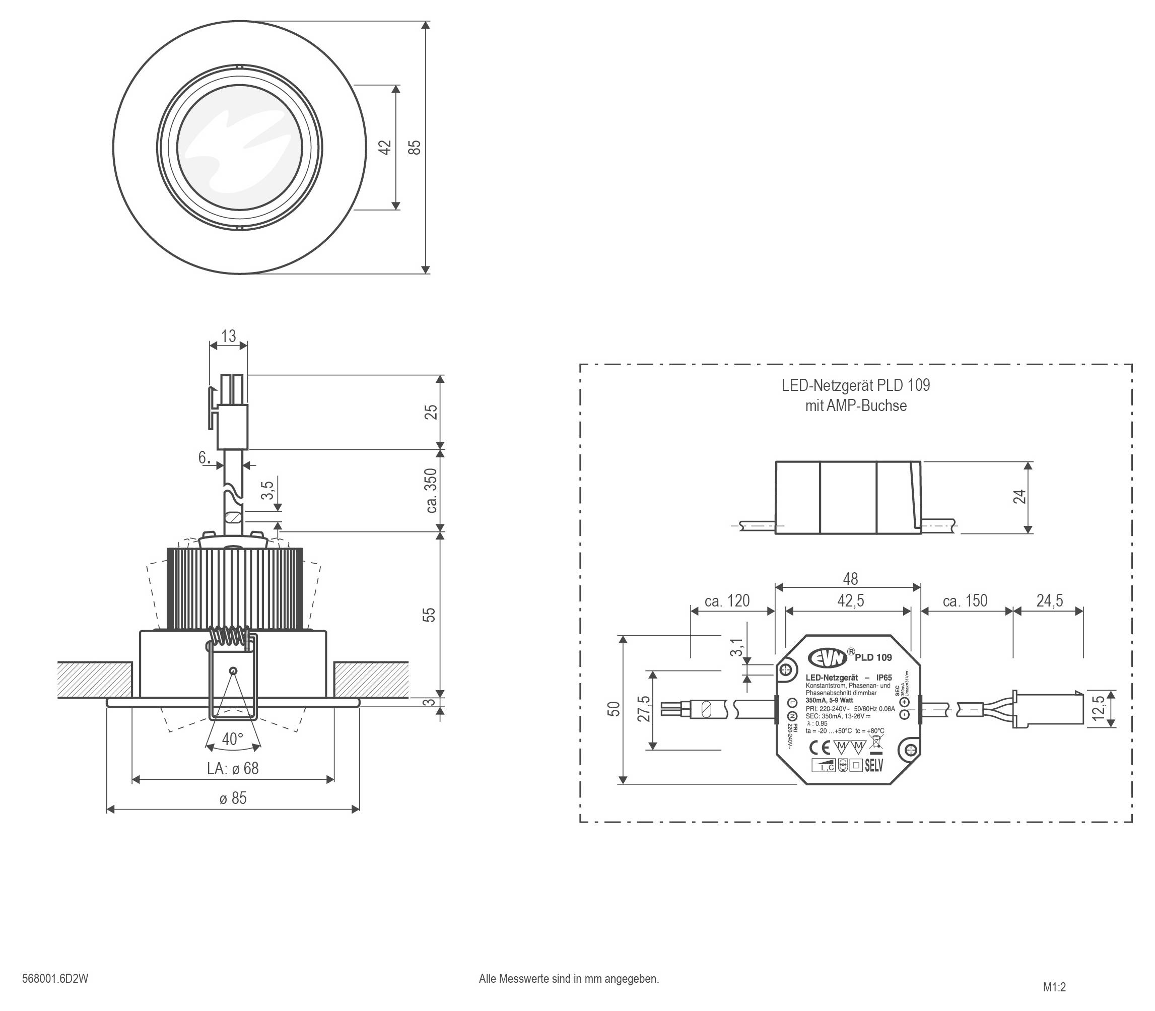 Technische Zeichnung einer LED-Einbauleuchte mit Vorder- und Seitenansichten, die Abmessungen und Montagekonstruktionen in Millimetern zeigt.