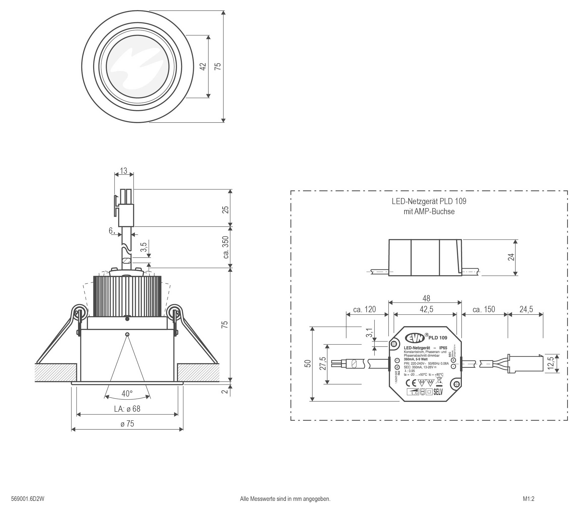 Technische Maßzeichnung eines LED-Spotlichts mit Draufsicht und Seitenansicht einschließlich Montageeigenschaften und Abmessungen in Millimetern.