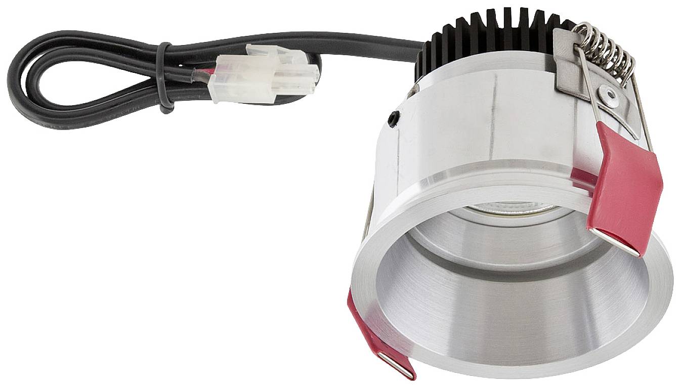 Metallischer Einbauspot mit schwarzem Kühlkörper und roten Klemmen, inklusive elektrischem Kabel und Steckverbindung.