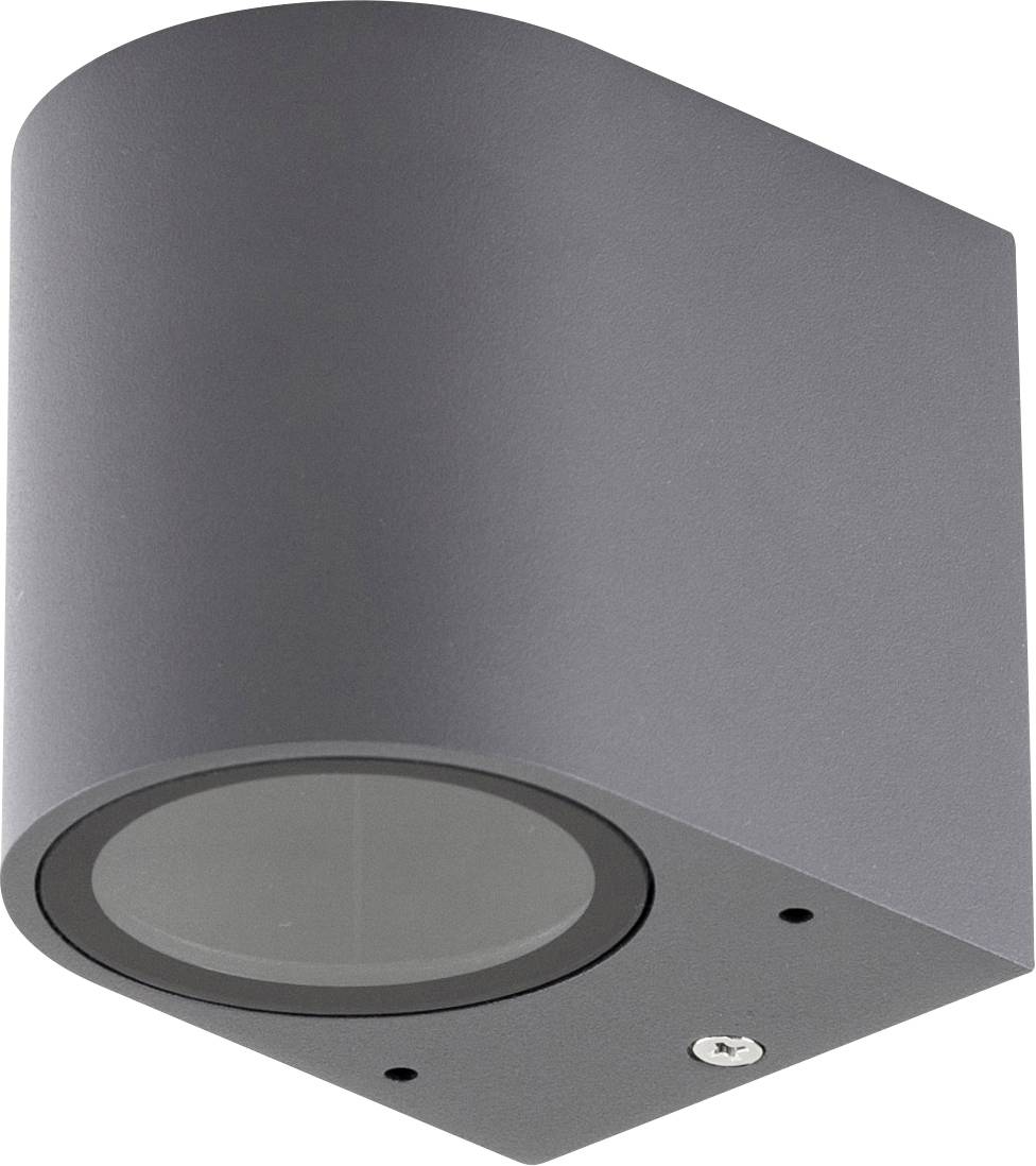 Graue, zylinderförmige LED-Wandleuchte aus Metall, die nach unten ausstrahlt und für Außenbeleuchtung geeignet ist.
