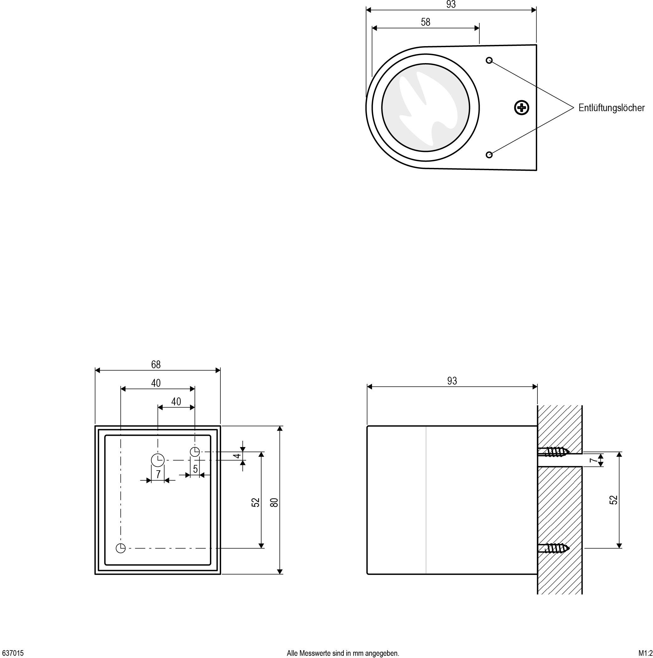 Technische Zeichnung eines Bauteils mit drei Ansichten: Vorderansicht mit mehreren Maßangaben, Seitenansicht, und Draufsicht.