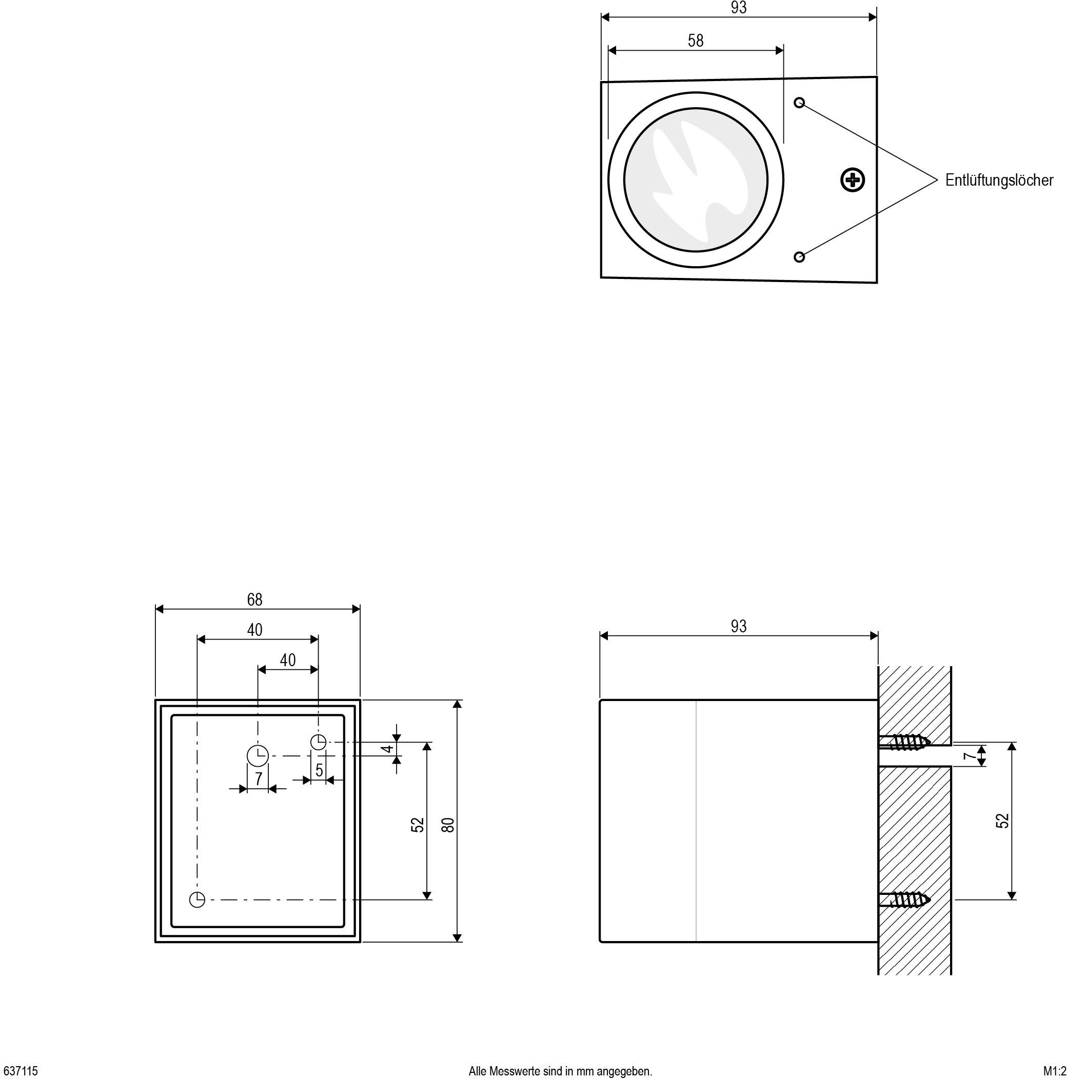 Technische Zeichnung eines Wandmoduls mit Abmessungen und Montagedetails. Zeigt Front- und Seitenansicht mit genauen Maßangaben.