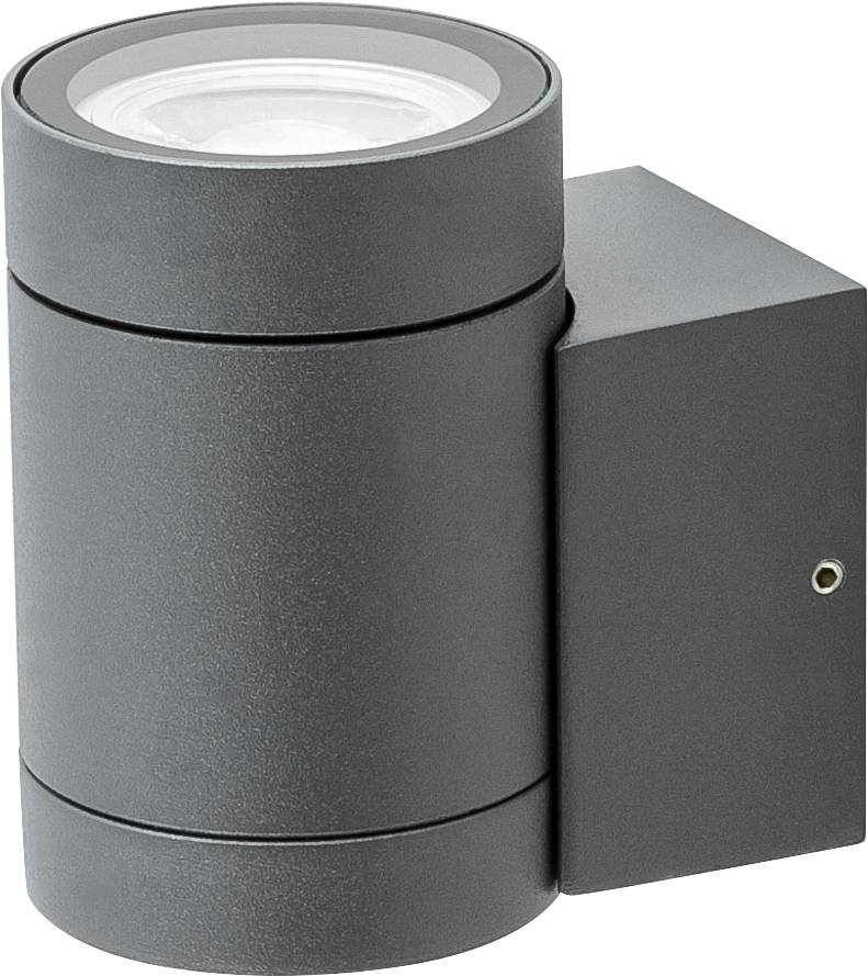 Wandmontierte zylindrische Außenleuchte in grau mit rechteckiger Basis, geeignet für stimmungsvolle Beleuchtung im Freien.