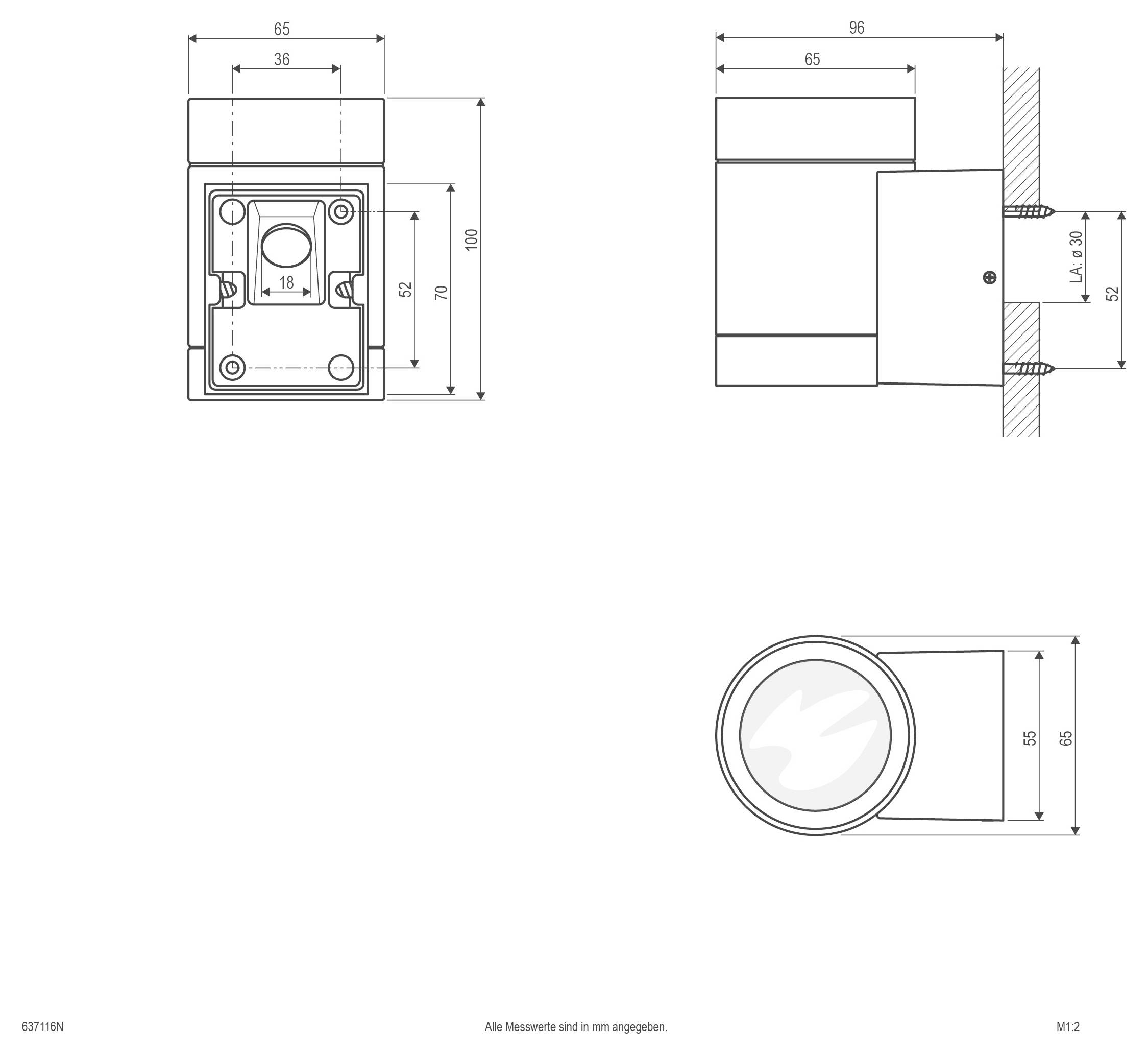 Technische Maßzeichnung eines kleinen wandmontierten Geräts mit Vorder-, Seiten- und Draufsicht mit Maßstäben in Millimetern.