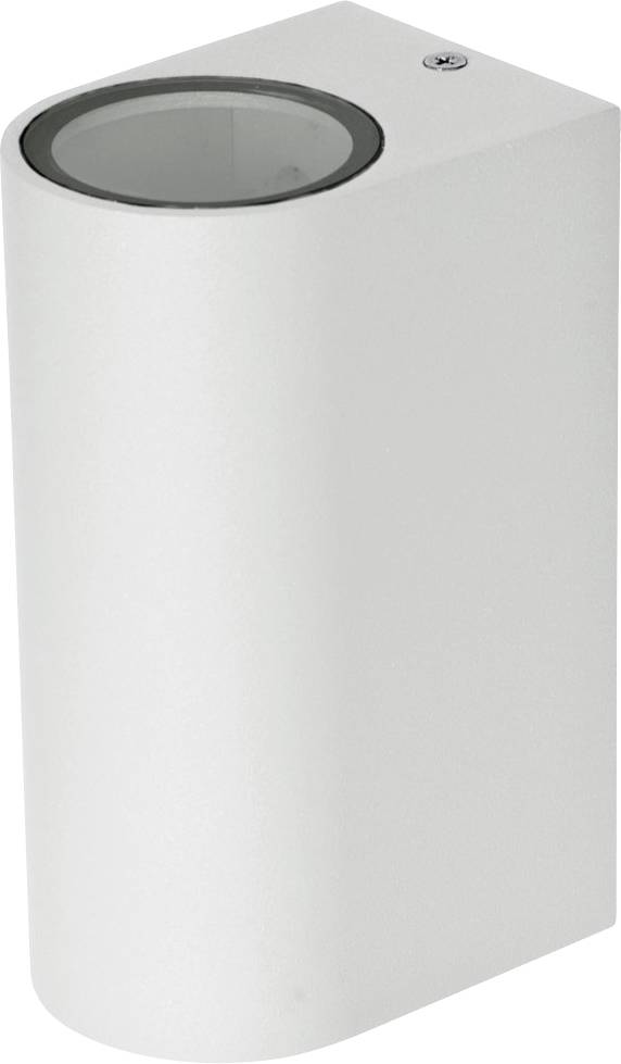 Weißer an der Wand montierter Abfallbehälter mit kreisförmiger offener Oberseite und glatte gebogener Vorderseite, gezeigt vor einem einfachen Hintergrund.