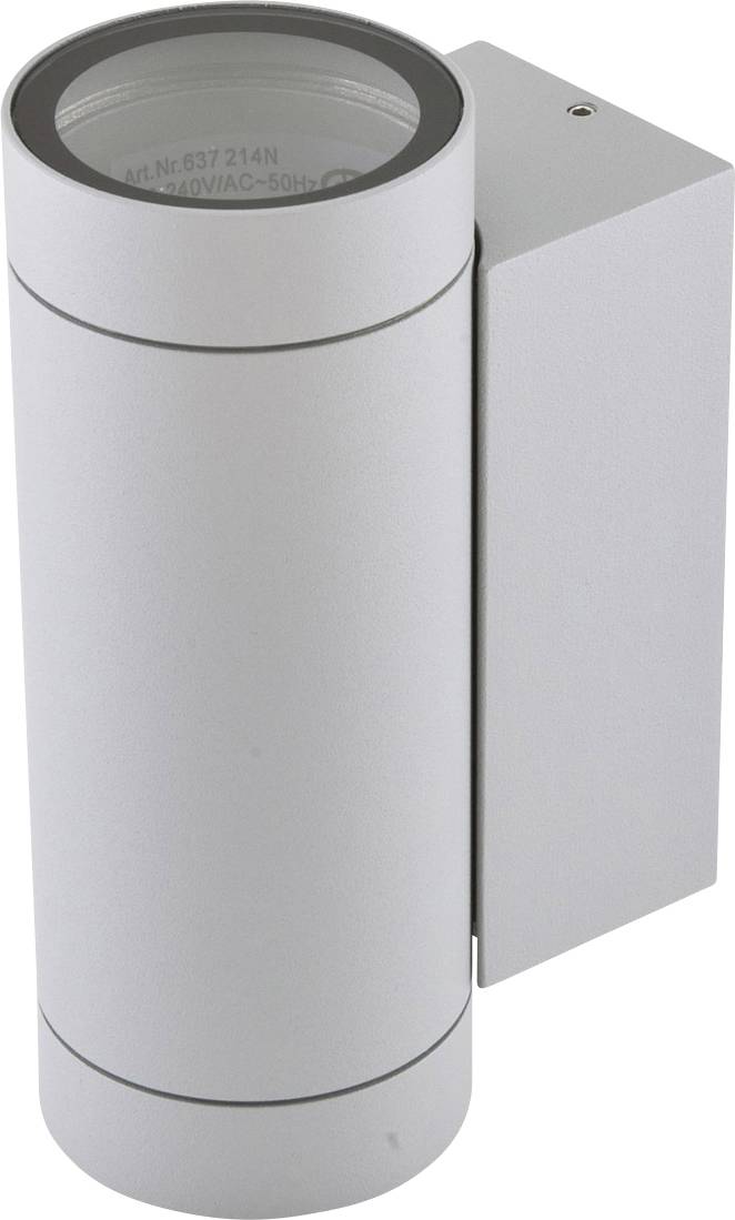 Zylinderförmige Außenwandleuchte, silberfarben, mit oben und unten ausgerichtetem Lichtauslass, geeignet für Außenbereiche.