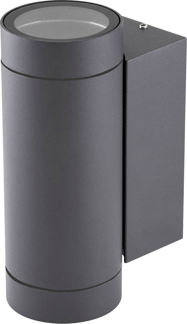 Eine moderne, zylindrische Außenleuchte in dunklem Metall mit rechteckiger Wandhalterung, geeignet für oberflächenmontierte Beleuchtung.