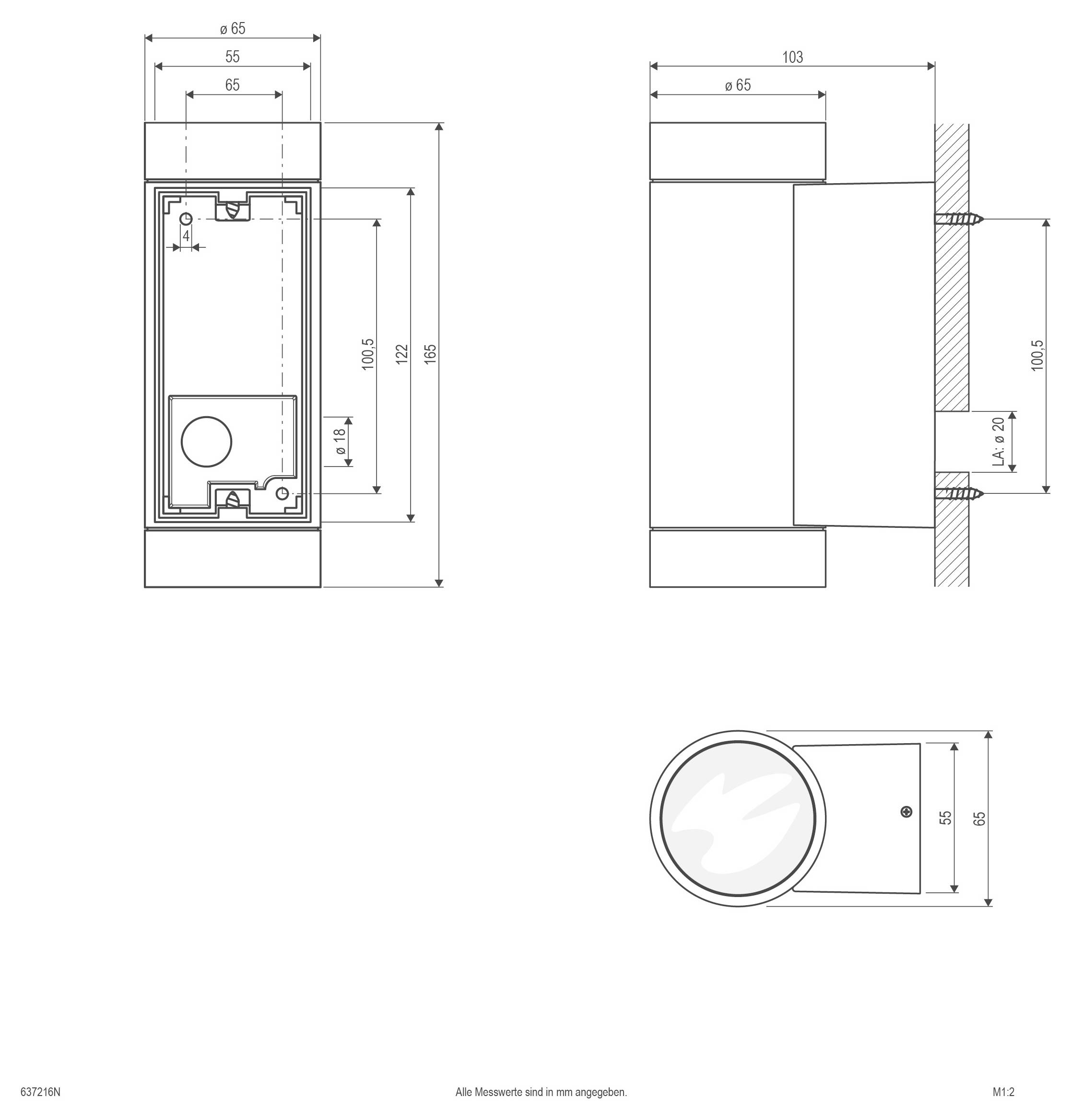 Technische Maßstabzeichnung einer wandmontierten zylindrischen Befestigung, dargestellt in Vorder-, Seiten- und Draufsicht mit Abmessungen in Millimetern.