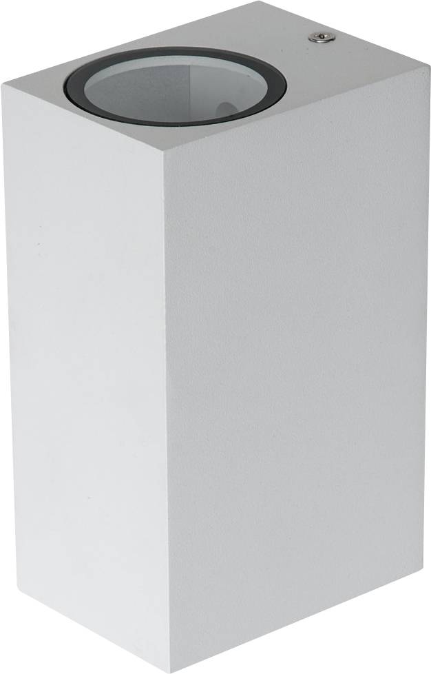 Eine weiße, rechteckige, wandmontierte Leuchte mit zylindrischem Glaseinsatz oben. Geeignet für Innenbeleuchtung.