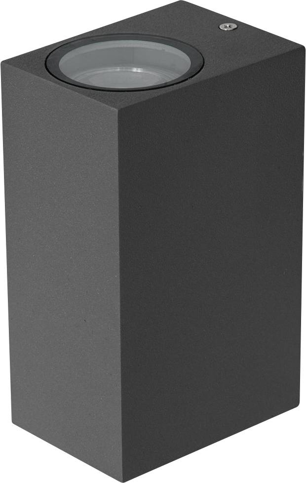 Eine schwarze, rechteckige Außenleuchte mit Glasabdeckung, geeignet für Wände.