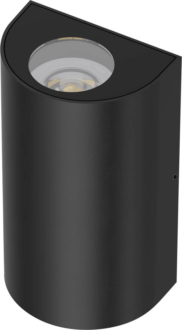 Eine schwarze, zylindrische Außenleuchte mit einer durchsichtigen Abdeckung oben, geeignet für Wandmontage zur Beleuchtung im Freien.