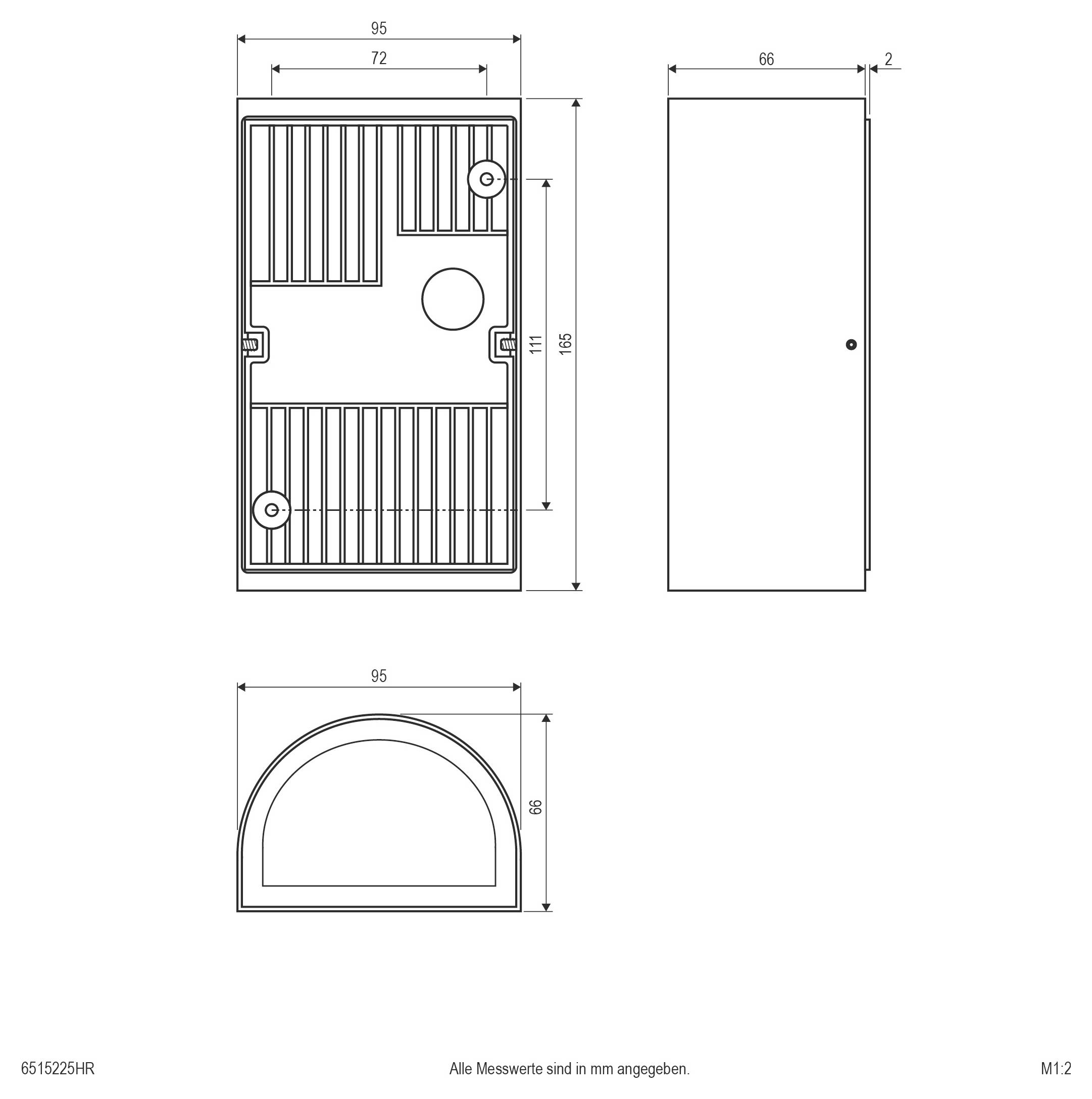 Technische Maßzeichnung eines rechteckigen Schranks oder Türpaneels, dargestellt in Vorder-, Seiten- und Bogenoberansichten mit Abmessungen in Millimetern.