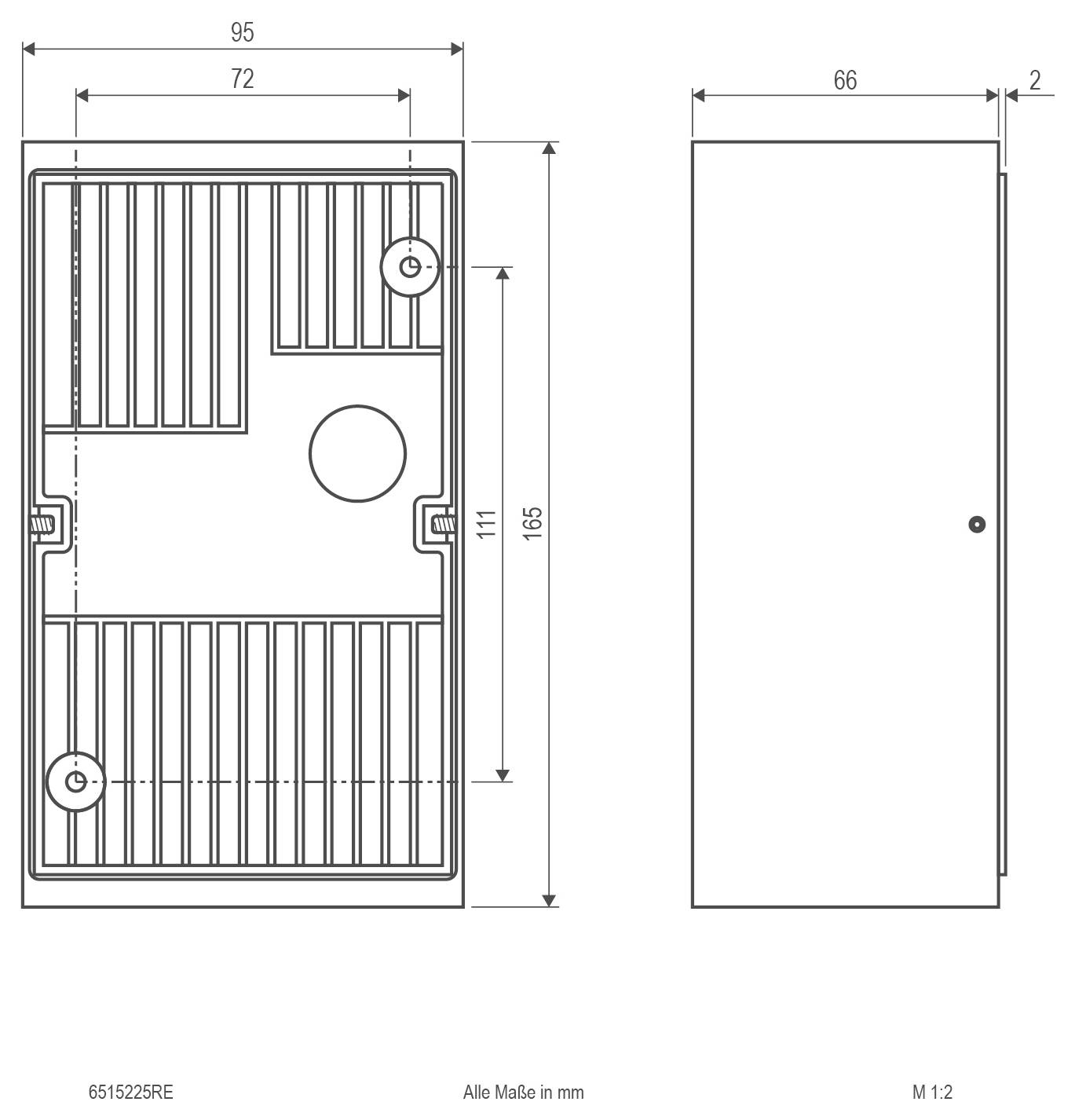 Technische Zeichnung eines rechteckigen Panels oder einer Tür mit Vorder- und Seitenansicht mit Abmessungen in Millimetern: 95 breit, 165 hoch, 66 tief.