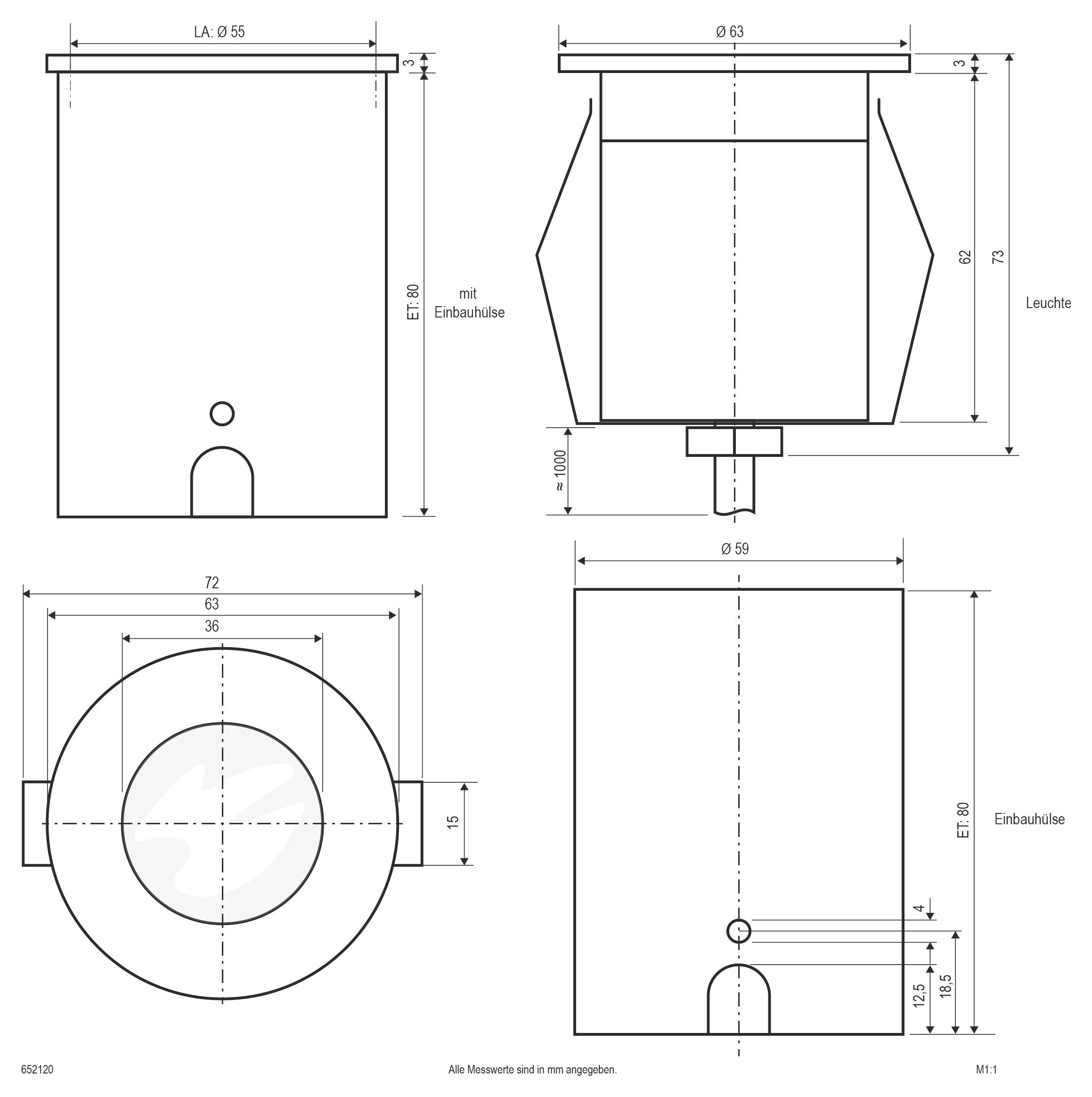 Technische Zeichnung einer zylindrischen Leuchte mit Ansichten von vorne, von der Seite und von oben mit Maßangaben in Millimetern.