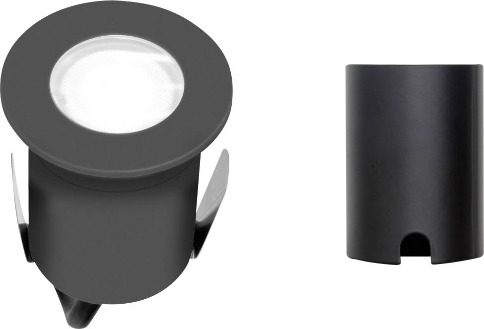 Einbauleuchte in Schwarz, zylindrisches Design mit breitem Rand, geeignet für Bodenmontage. Enthält abnehmbaren schwarzen Gehäusering.