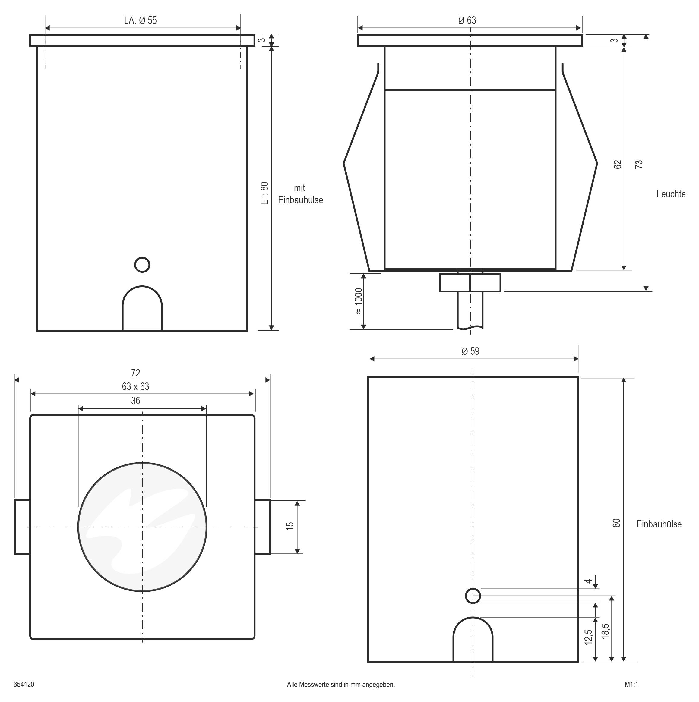 Technische Zeichnung einer quadratischen Leuchte, dargestellt in Front-, Seiten-, Draufsicht und Installationsansichten mit beschrifteten Abmessungen in Millimetern.