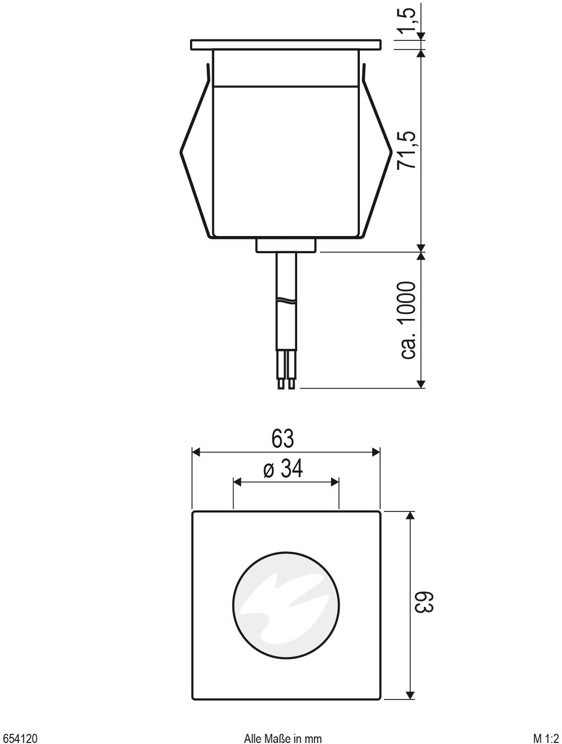 Technische Zeichnung eines zylindrischen Teils mit Maßen in mm: Höhe 71,5, Durchmesser 63, Lochdurchmesser 34. Draufsicht und Seitenansicht.