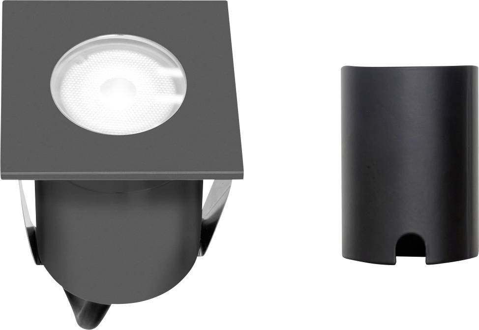 Ein schwarzer, quadratischer Einbaustrahler mit kreisförmigem Leuchtmittel links, neben einem zylinderförmigen, schwarzen Gehäuse rechts.