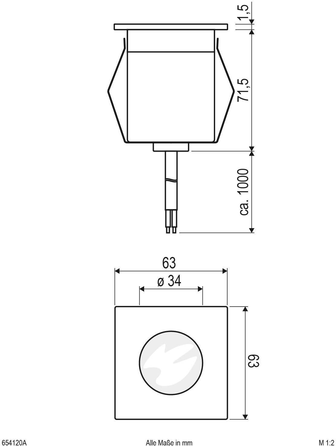 Technische Zeichnung eines quadratischen Bauteils mit zentraler kreisförmiger Aussparung. Maße: 63 mm Seitenlänge, 34 mm Durchmesser.