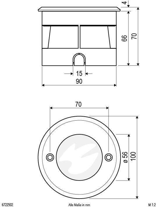 Technische Zeichnung eines runden Teils mit Maßen: Außendurchmesser 100 mm, Innendurchmesser 56 mm, Gesamthöhe 70 mm.