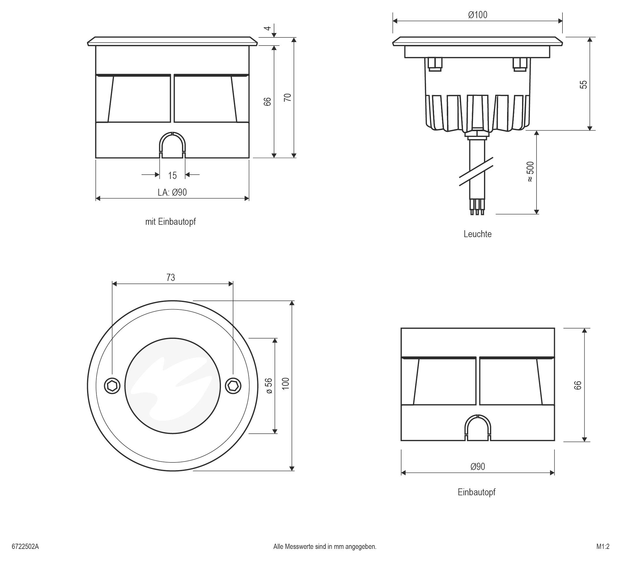 Technische Zeichnung einer runden Leuchte und Einbaudose mit Front-, Seiten- und Draufsicht sowie Abmessungen in Millimetern.