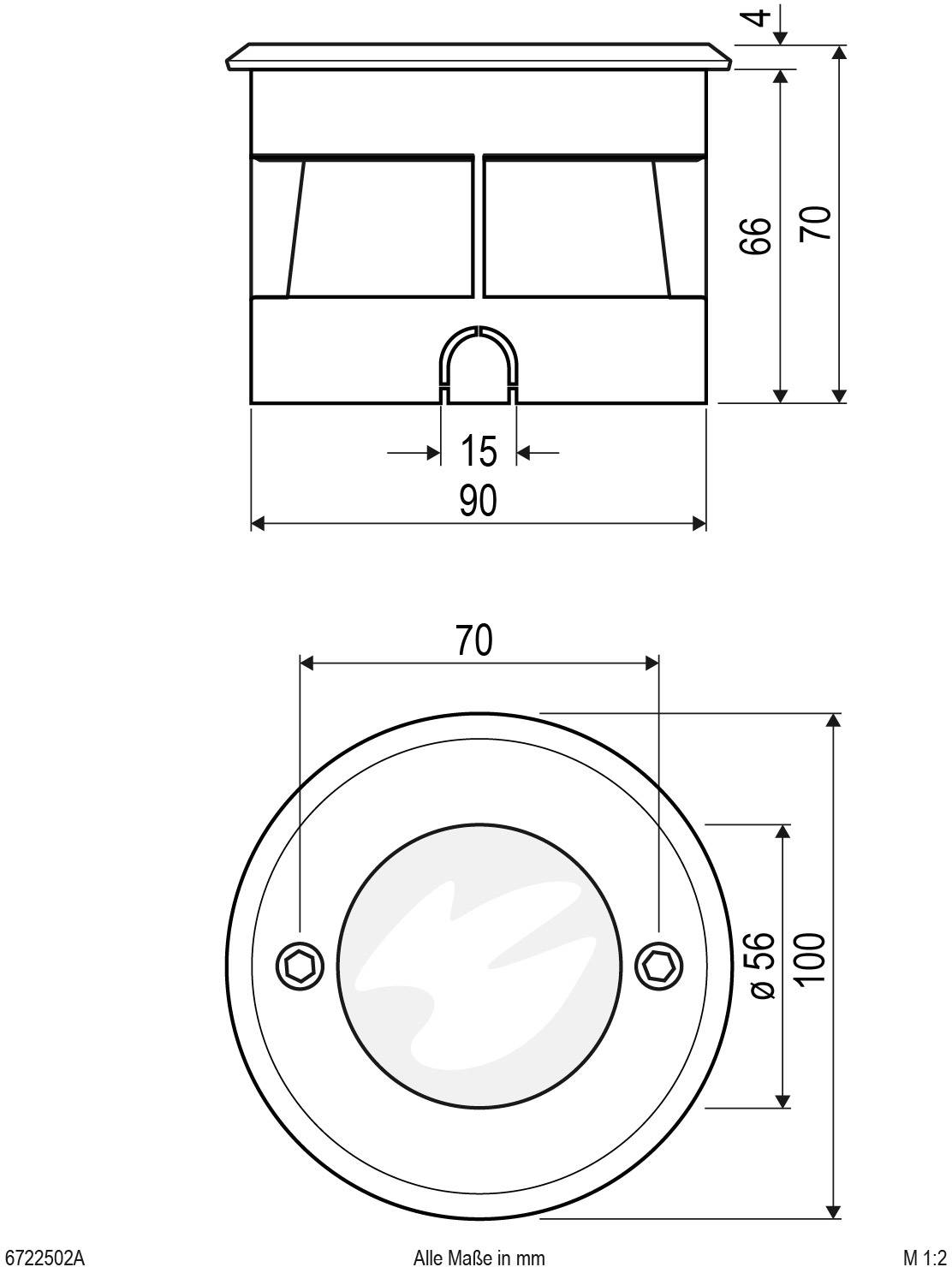 Diagramm eines runden Bauteils mit Maßen in mm: 90 Breite, 66 Höhe. Zeigt Front- und Draufsicht mit Bohrungen, 15 mm Zwischenraum.
