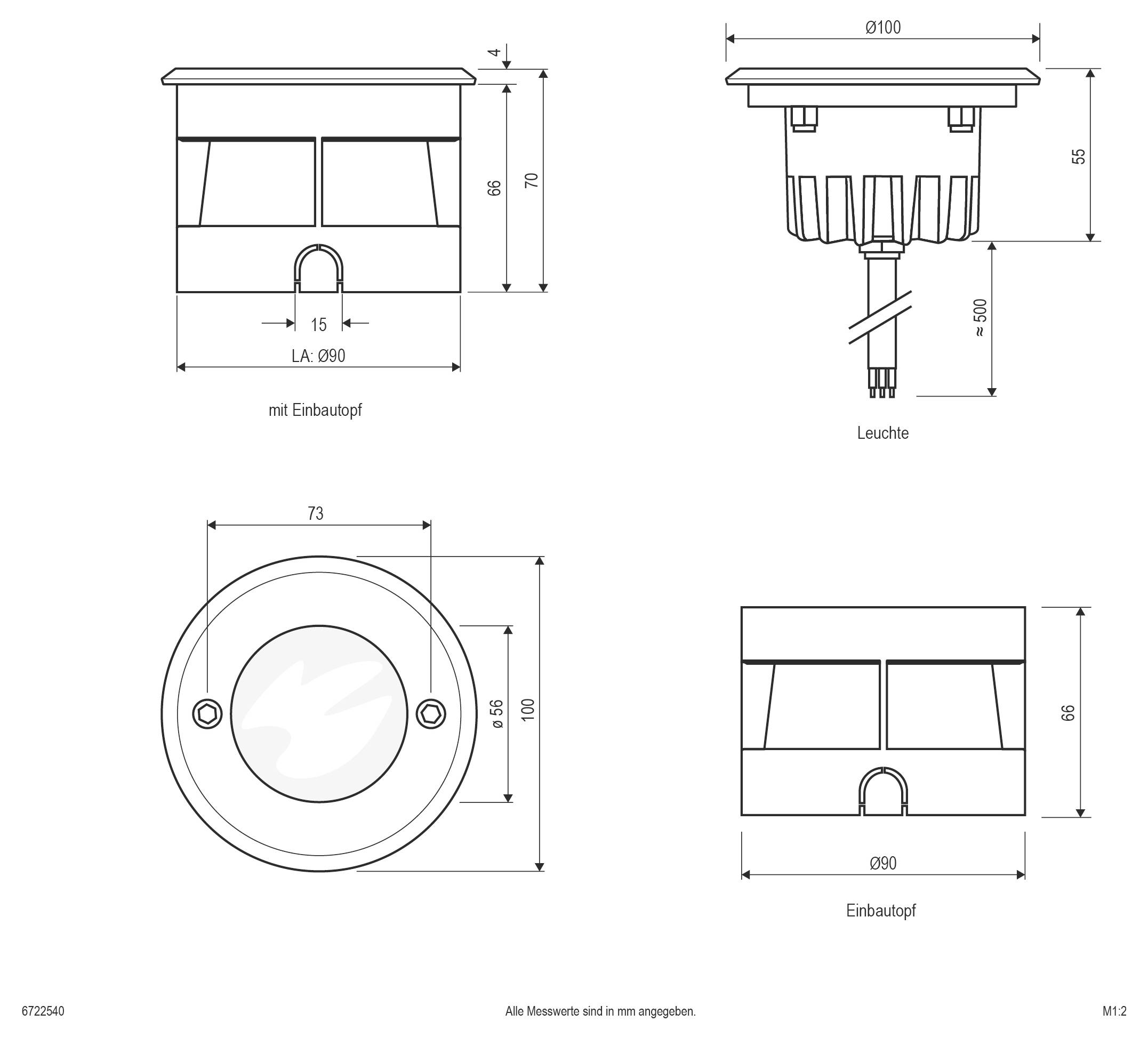 Technische Strichzeichnung einer Einbauleuchte mit Abmessungen, die Seiten-, Vorder- und Draufsichten sowie Einbautiefenmessungen in Millimetern zeigt.