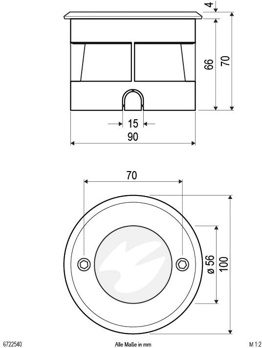 Technische Zeichnung eines Sensors mit seitlicher und unterer Ansicht, zeigt Maße von 90x100 mm. Alle Maße in mm.