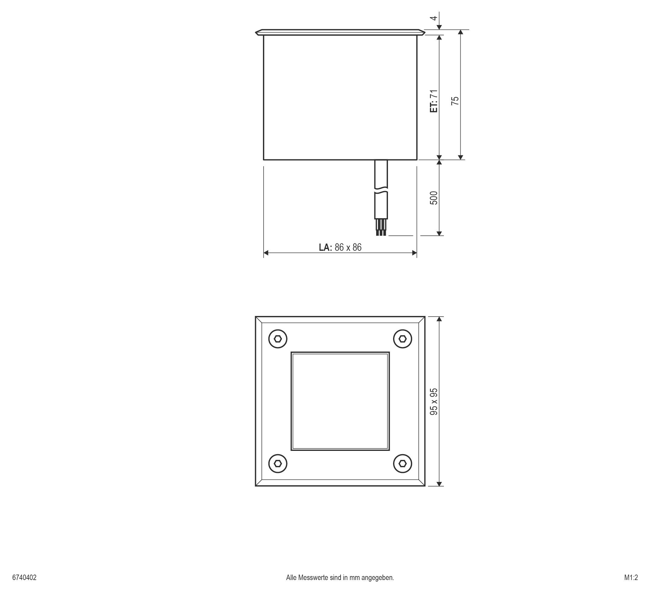 Technische Zeichnung einer quadratischen Einbauarmatur dargestellt in Seiten- und Draufsicht, mit Abmessungen von 86 x 86 mm und 95 x 95 mm sowie eine Tiefe von 75 mm.
