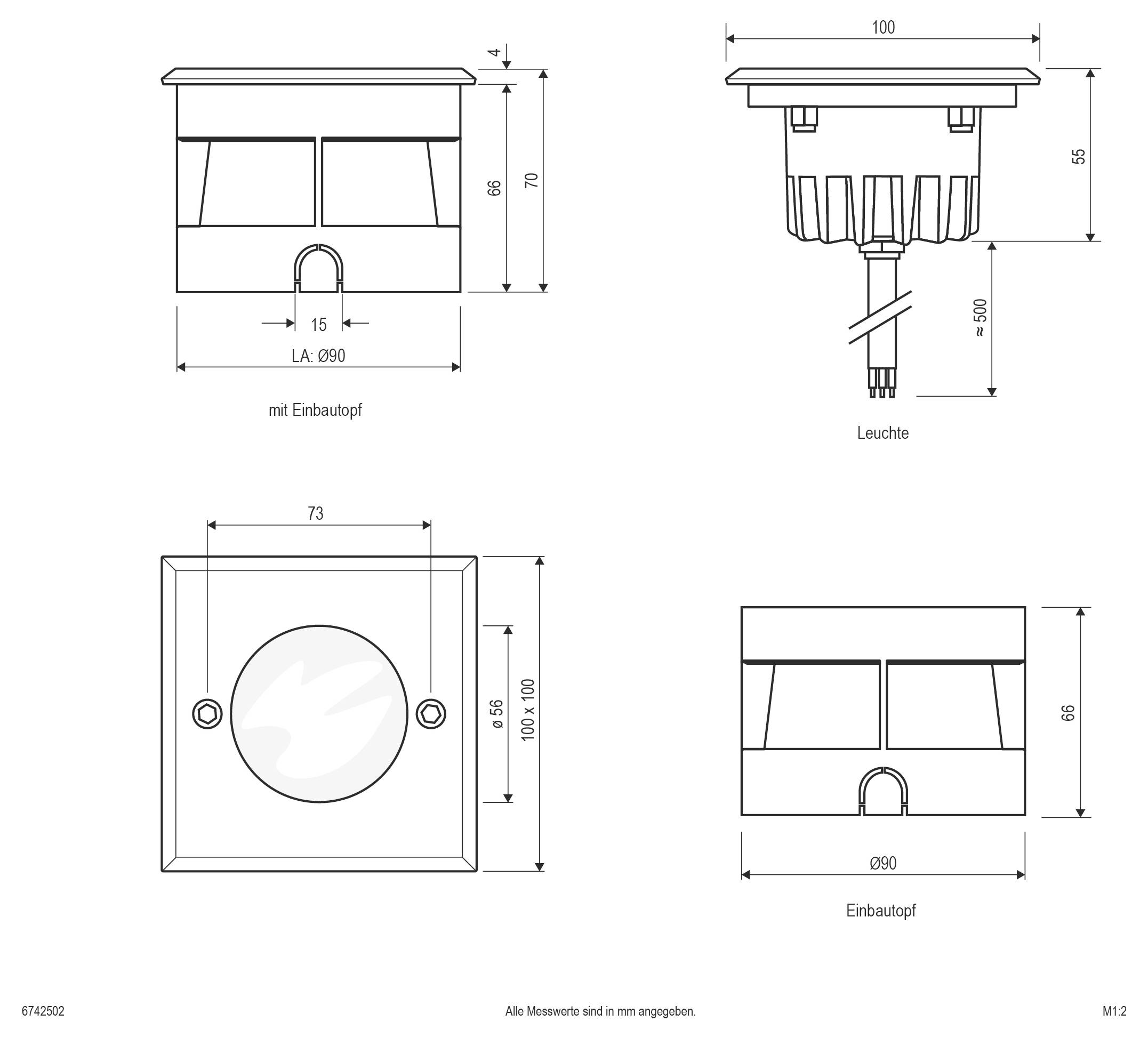 Technische Strichzeichnungen eines quadratischen Einbaulichts und einer Installationstasse, die Vorder-, Seiten- und Draufsichten mit Abmessungen in Millimetern zeigen.