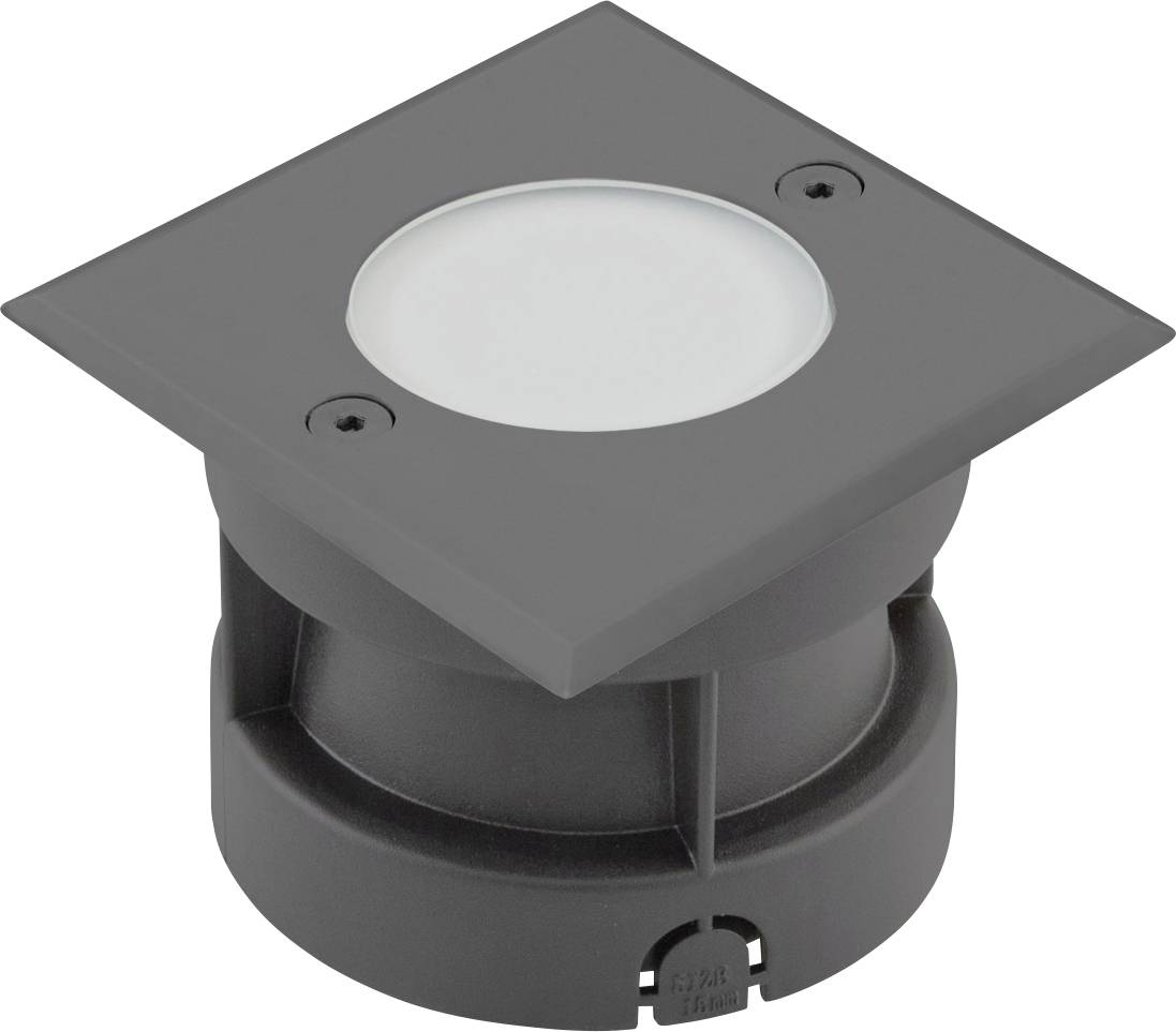 Ein quadratischer Einbaustrahler mit schwarzem Rahmen und rundem, milchigem Glas. Ideal für moderne, stilvolle Beleuchtung.